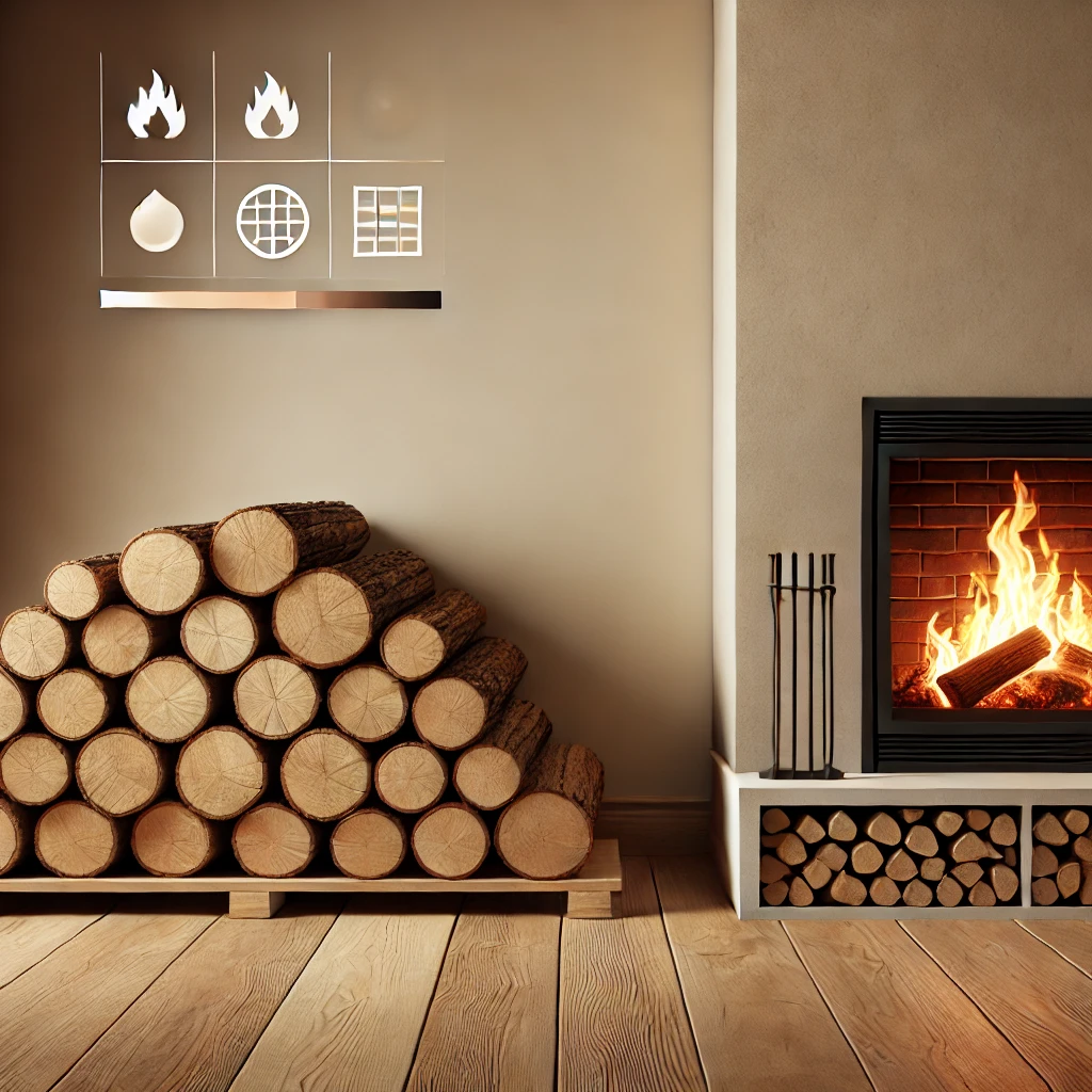 A plain, realistic image of a neatly stacked pile of premium firewood next to a best firewood for winter